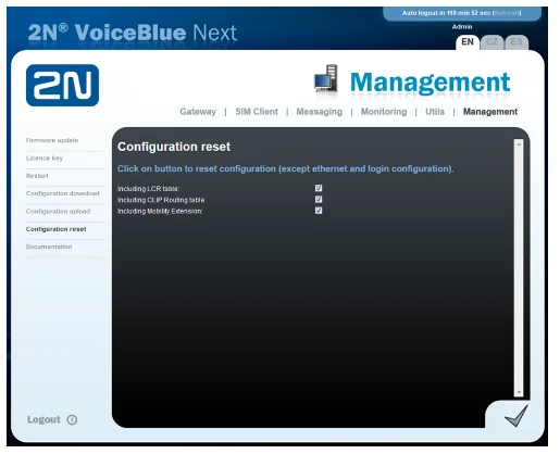 Страница Management → Configuration reset шлюза 2N VoiceBlue Next: сброс конфигурации кроме Ethernet и логина, галки Including LCR table, Including CLIP Routing table, Including Mobility Extension