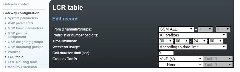 Запись таблицы LCR шлюза 2N: From = GSM ALL, Prefixlist = All prefixes, время 00:00–24:00, Groups / Tariffs = VoIP (V)
