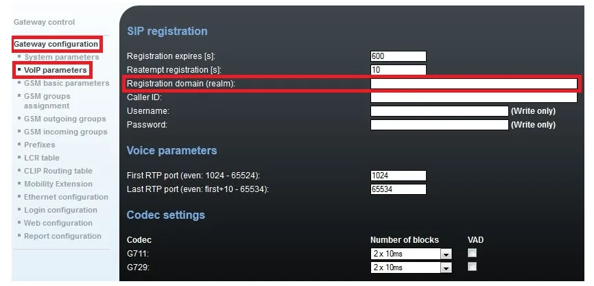 Раздел Gateway configuration → VoIP parameters шлюза 2N VoiceBlue Next, блок SIP registration: Registration expires, Reattempt registration, Registration domain (realm), Caller ID, Username, Password