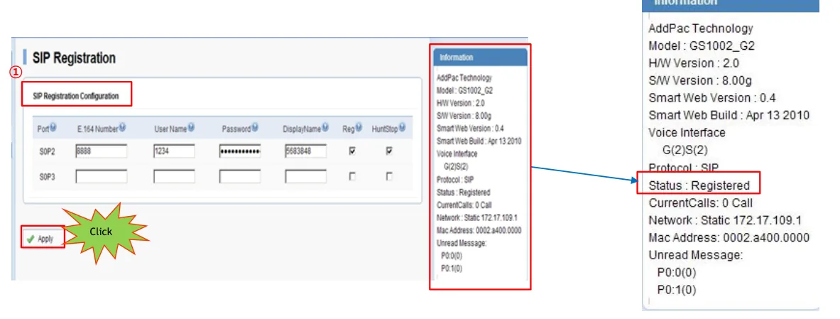 Пример страницы SIP Registration AddPac с заполненной строкой порта S0P2 (E.164 Number, User Name, Password, DisplayName, флажки Reg и HuntStop) и панель Information справа со строкой Status : Registered