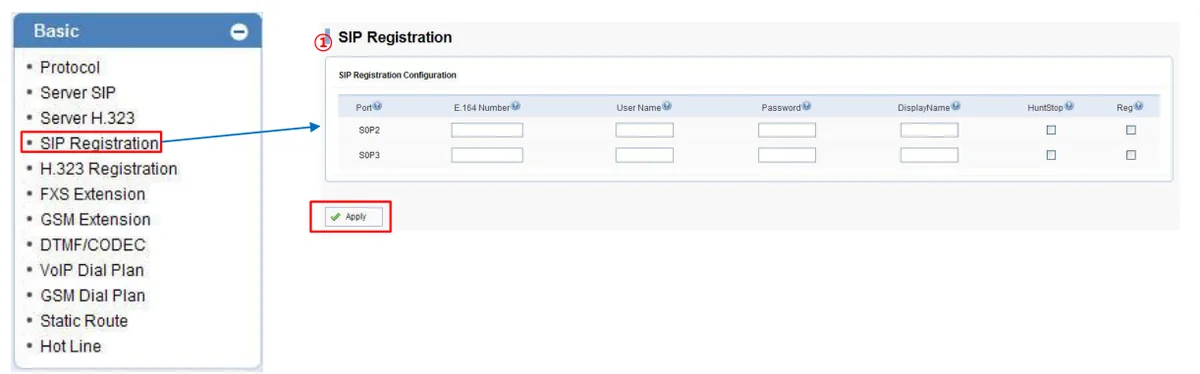 Страница SIP Registration веб-интерфейса AddPac: таблица SIP Registration Configuration с колонками Port, E.164 Number, User Name, Password, DisplayName, HuntStop, Reg для портов S0P2 и S0P3 и кнопка Apply