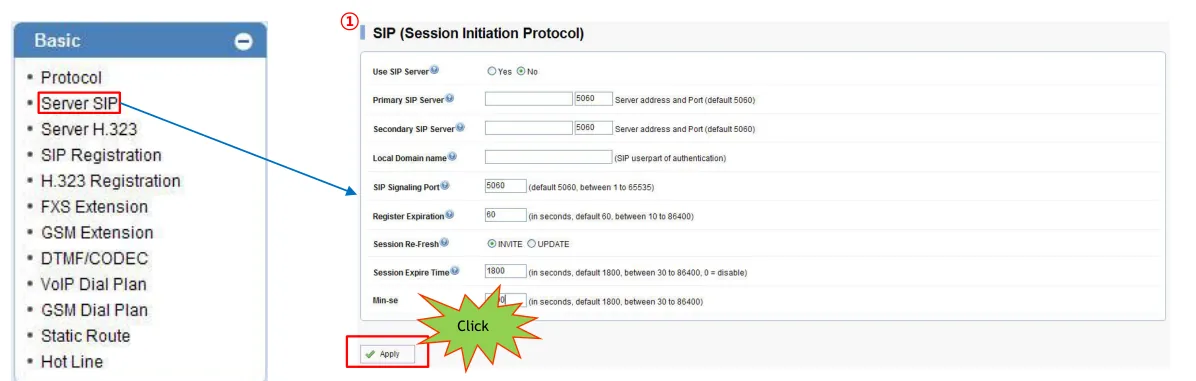 Страница Server SIP веб-интерфейса AddPac Smart Web Manager: меню Basic слева, поля Use SIP Server, Primary SIP Server и Secondary SIP Server с портом 5060, Local Domain name, SIP Signaling Port, Register Expiration 60, Session Re-Fresh, Session Expire Time, кнопка Apply