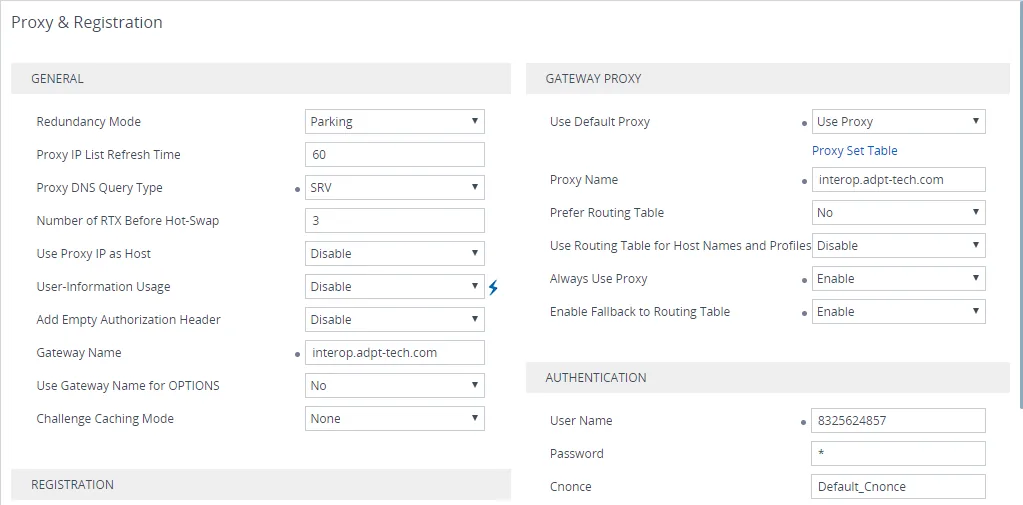 Страница Proxy & Registration веб-интерфейса AudioCodes 7.x: блок GENERAL с Gateway Name и Proxy DNS Query Type, блок GATEWAY PROXY с Use Default Proxy = Use Proxy, ссылкой Proxy Set Table, Proxy Name, Always Use Proxy, блок AUTHENTICATION с User Name и Password