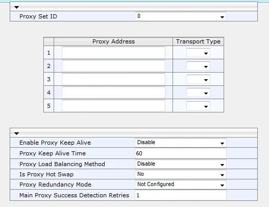 Страница Proxy Sets Table веб-интерфейса AudioCodes 6.6: выпадающий список Proxy Set ID со значением 0, таблица из пяти строк Proxy Address с колонкой Transport Type, ниже Enable Proxy Keep Alive, Proxy Keep Alive Time 60, Proxy Load Balancing Method, Is Proxy Hot Swap, Proxy Redundancy Mode