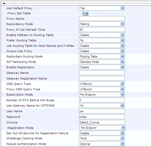 Страница Proxy & Registration веб-интерфейса AudioCodes 6.6: Use Default Proxy = Yes, ссылка Proxy Set Table, поля Proxy Name, Enable Registration, Gateway Name, Gateway Registration Name, User Name, Password, Cnonce, Registration Mode