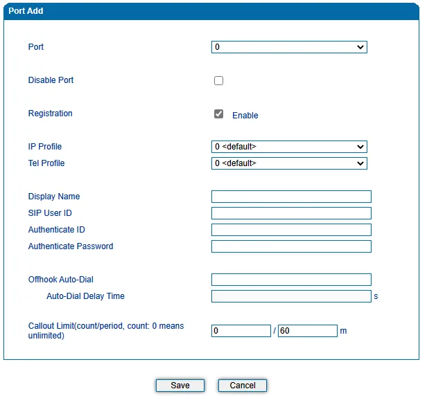 Окно Port Add шлюза Dinstar DAG: Port, Disable Port, Registration (Enable), IP Profile, Tel Profile, Display Name, SIP User ID, Authenticate ID, Authenticate Password, Offhook Auto-Dial, Auto-Dial Delay Time, Callout Limit