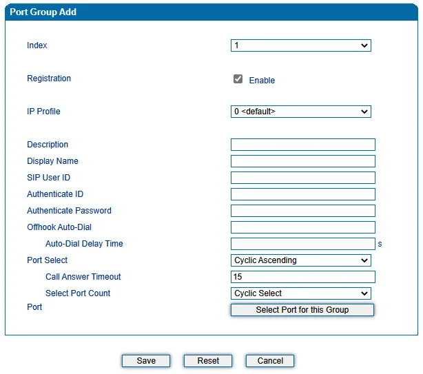 Окно Port Group Add шлюза Dinstar DAG: Index, Registration, IP Profile, Description, Display Name, SIP User ID, Authenticate ID, Authenticate Password, Offhook Auto-Dial, Auto-Dial Delay Time, Port Select = Cyclic Ascending, Call Answer Timeout 15, кнопка Select Port for this Group