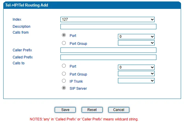 Окно Tel->IP/Tel Routing Add шлюза Dinstar DAG: Index, Description, Calls from = Port или Port Group, Caller Prefix, Called Prefix, Calls to = Port / Port Group / IP Trunk / SIP Server