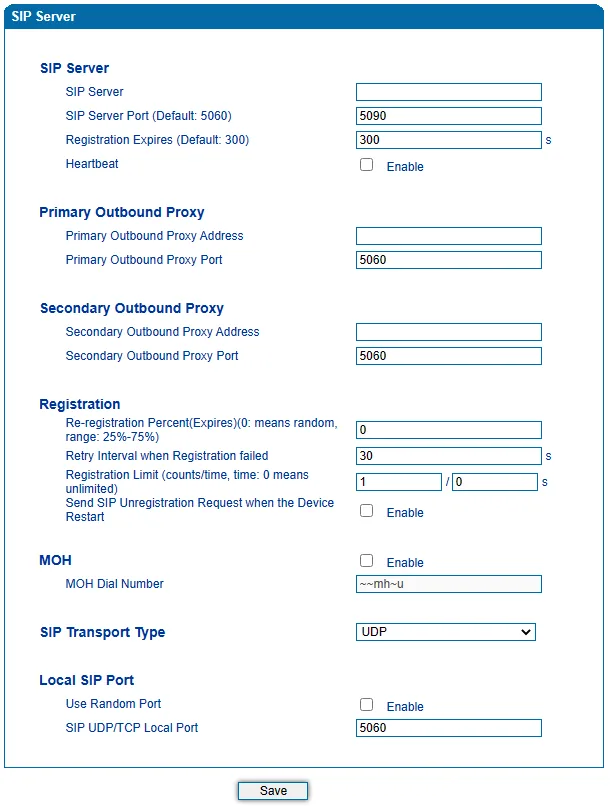 Страница SIP Server шлюза Dinstar DAG: поля SIP Server, SIP Server Port, Registration Expires 300, Heartbeat, Primary/Secondary Outbound Proxy, блок Registration, SIP Transport Type = UDP, Local SIP Port 5060