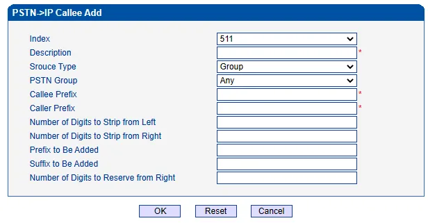 Окно PSTN->IP Callee Add шлюза Dinstar MTG200: Index, Description, Source Type = Group, PSTN Group = Any, Callee Prefix, Caller Prefix, Number of Digits to Strip from Left/Right, Prefix to Be Added, Suffix to Be Added, Number of Digits to Reserve from Right