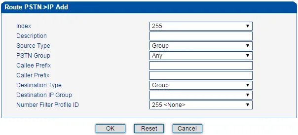 Окно Route PSTN->IP Add шлюза Dinstar MTG200: Index, Description, Source Type = Group, PSTN Group = Any, Callee Prefix, Caller Prefix, Destination Type, Destination IP Group, Number Filter Profile ID