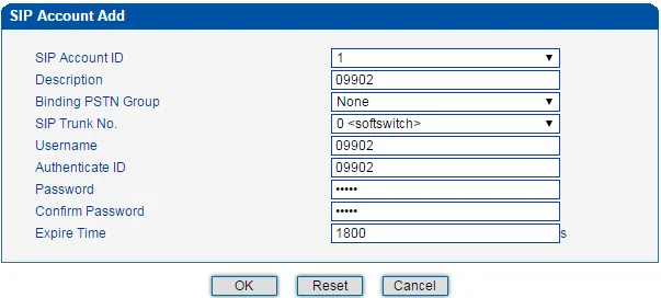 Окно SIP Account Add шлюза Dinstar MTG200: SIP Account ID, Description, Binding PSTN Group, SIP Trunk No. = 0 softswitch, Username, Authenticate ID, Password, Confirm Password, Expire Time 1800 s