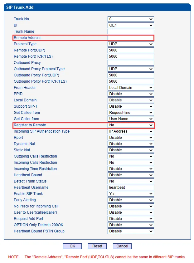 Окно SIP Trunk Add шлюза Dinstar MTG200: Trunk No., BI = GE1, Trunk Name, Remote Address, Protocol Type = UDP, Remote Port(UDP) 5060, Outbound Proxy, From Header, Get Callee from, Register to Remote, Incoming SIP Authentication Type, Rport, Enable SIP Trunk