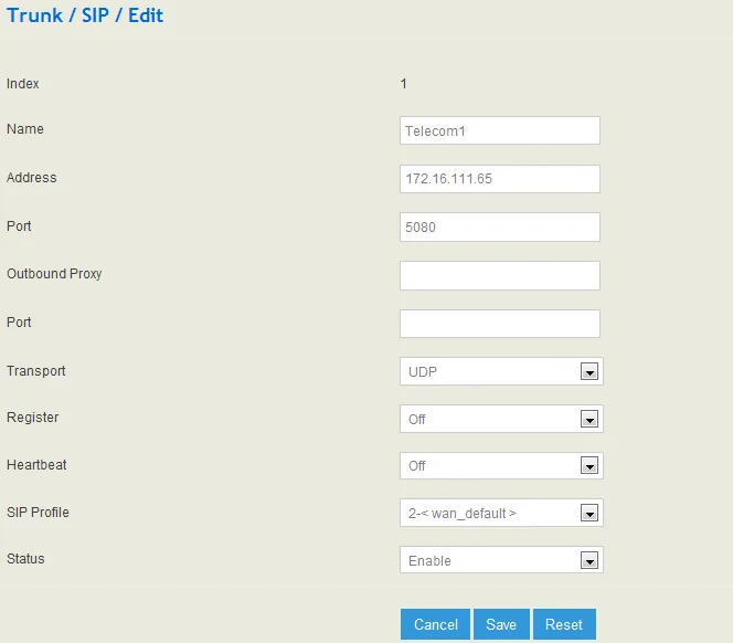 Окно Trunk / SIP / Edit шлюза Dinstar UC100-1V1S1O: Name, Address, Port, Outbound Proxy, Transport, Register, Heartbeat, SIP Profile, Status