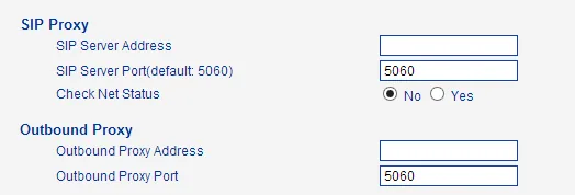 Блок SIP Proxy шлюза Dinstar UC2000: SIP Server Address, SIP Server Port (default 5060), Check Net Status, Outbound Proxy Address и Port