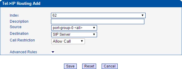 Окно Tel->IP Routing Add шлюза Dinstar UC2000: Index, Description, Source = port-group-0 <all>, Destination = SIP Server, Call Restriction = Allow Call