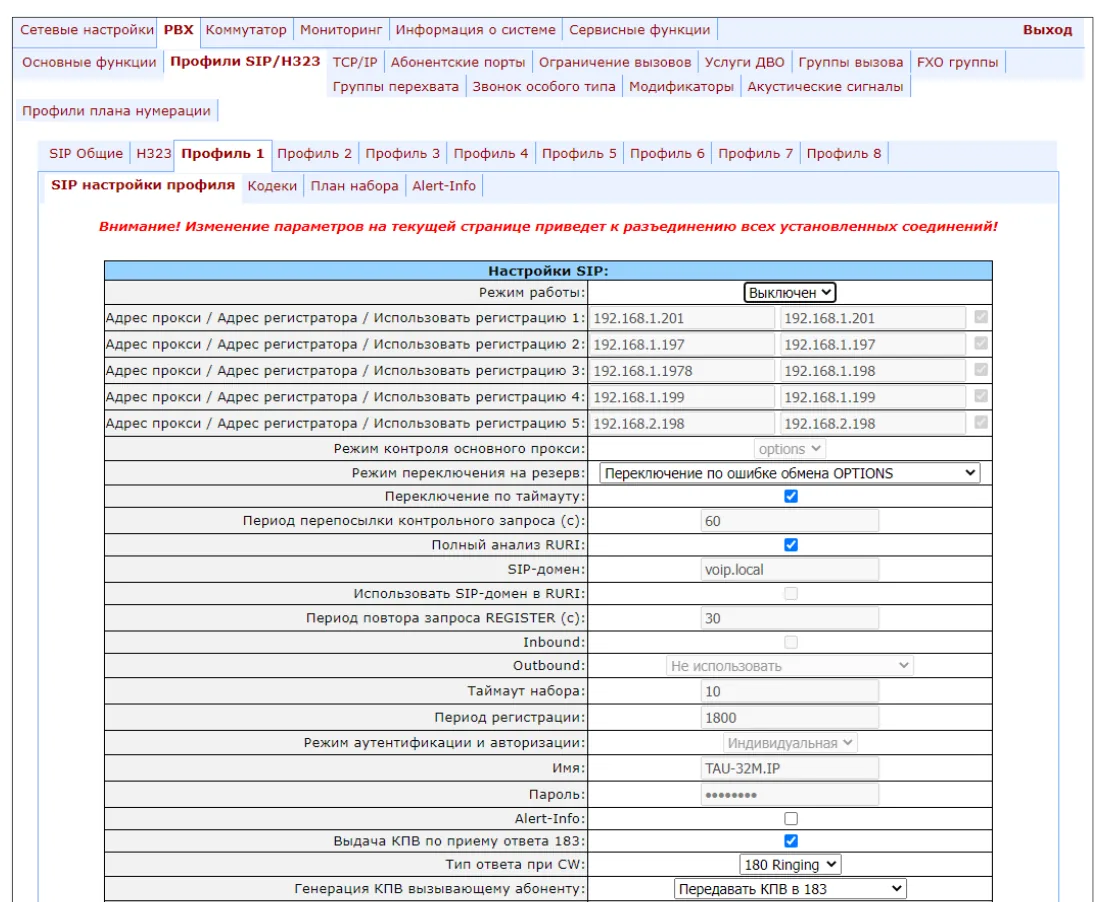 Вкладка «SIP настройки профиля» шлюза Eltex TAU-32M.IP: Режим работы, строки «Адрес прокси / Адрес регистратора / Использовать регистрацию 1…5», SIP-домен, Outbound, Период регистрации, Режим аутентификации и авторизации