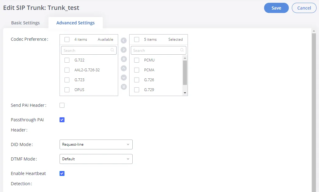 Вкладка Advanced Settings окна Edit SIP Trunk в веб-интерфейсе GXW4501: списки Codec Preference, флажки Send PAI Header и Passthrough PAI Header, поля DID Mode, DTMF Mode и флажок Enable Heartbeat Detection