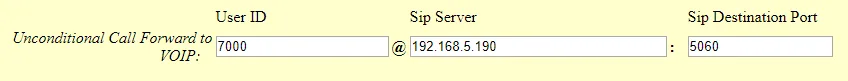 Строка Unconditional Call Forward to VOIP на странице BASIC SETTINGS в веб-интерфейсе HT813: поля User ID, Sip Server и Sip Destination Port