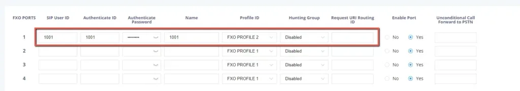 Таблица FXO PORTS в веб-интерфейсе HT841: колонки SIP User ID, Authenticate ID, Authenticate Password, Name, Profile ID, Hunting Group, Enable Port