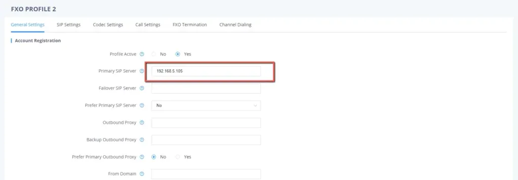 Вкладка General Settings профиля FXO в веб-интерфейсе HT841: переключатель Profile Active и поле Primary SIP Server, ниже пустые Failover SIP Server и Outbound Proxy