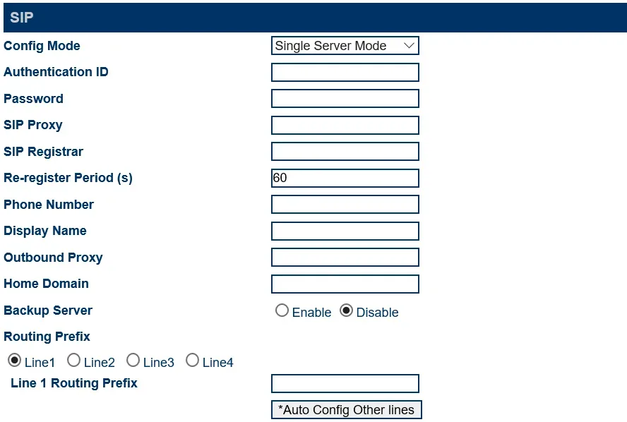 Страница Basic VoIP шлюза GoIP в режиме Single Server Mode: Config Mode, Authentication ID, Password, SIP Proxy, SIP Registrar, Re-register Period (s) = 60, Phone Number, Display Name, Outbound Proxy, Home Domain, Backup Server, Routing Prefix по линиям, кнопка *Auto Config Other lines