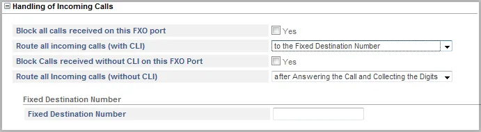 Блок Handling of Incoming Calls порта FXO шлюза Matrix SETU VFX: Route all incoming calls (with CLI) = to the Fixed Destination Number, поле Fixed Destination Number; Route all Incoming calls (without CLI) пока на заводском after Answering the Call and Collecting the Digits