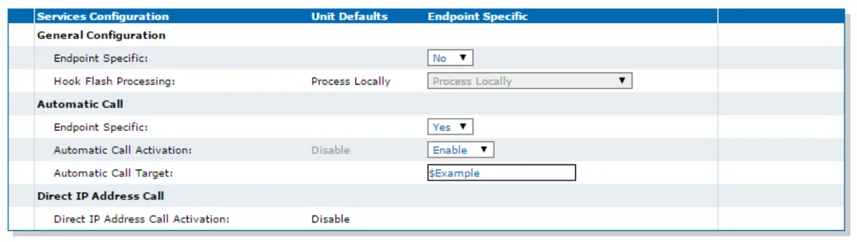 Раздел Services Configuration страницы Telephony/Services веб-интерфейса Mediatrix: в блоке Automatic Call — Endpoint Specific = Yes, Automatic Call Activation = Enable, поле Automatic Call Target