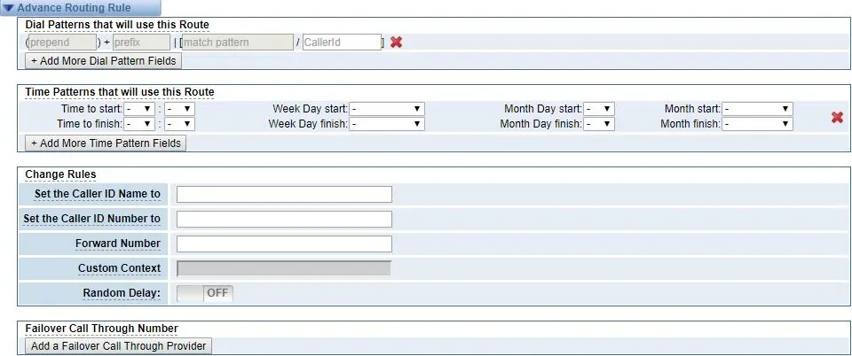 Блок Advance Routing Rule в веб-интерфейсе OpenVox: Dial Patterns, Time Patterns и блок Change Rules с полями Set the Caller ID Name to, Set the Caller ID Number to и Forward Number