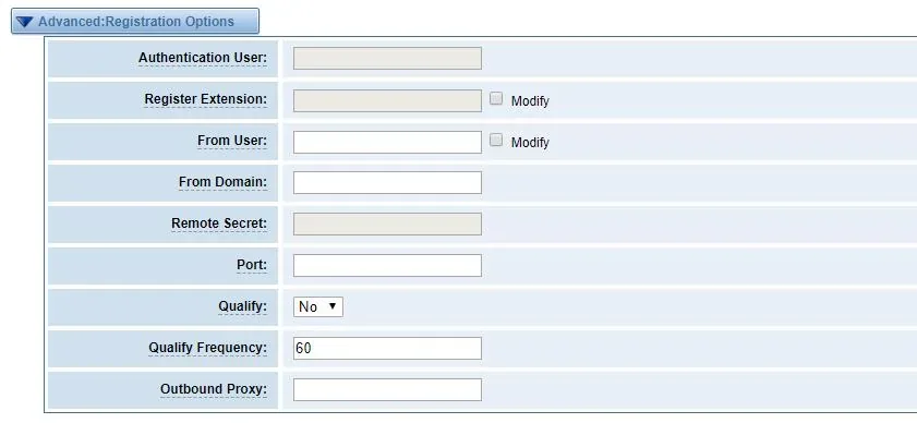 Блок Advanced: Registration Options в веб-интерфейсе OpenVox: Authentication User, Register Extension, From User, From Domain, Remote Secret, Port, Qualify, Qualify Frequency 60 и Outbound Proxy
