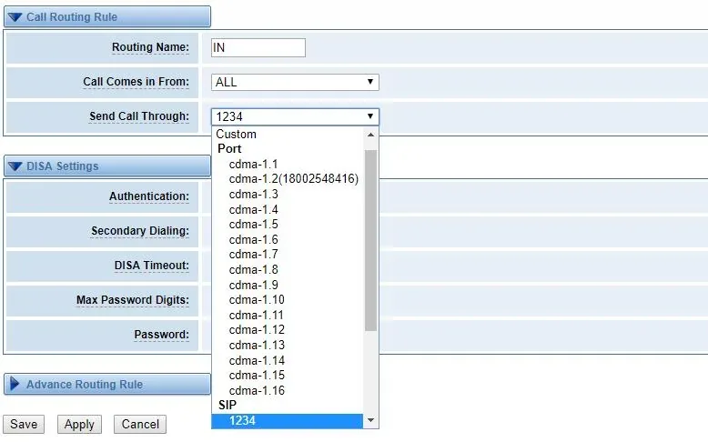 Форма Call Routing Rule в веб-интерфейсе OpenVox: Routing Name, Call Comes in From и раскрытый список Send Call Through с портами и SIP-эндпоинтами