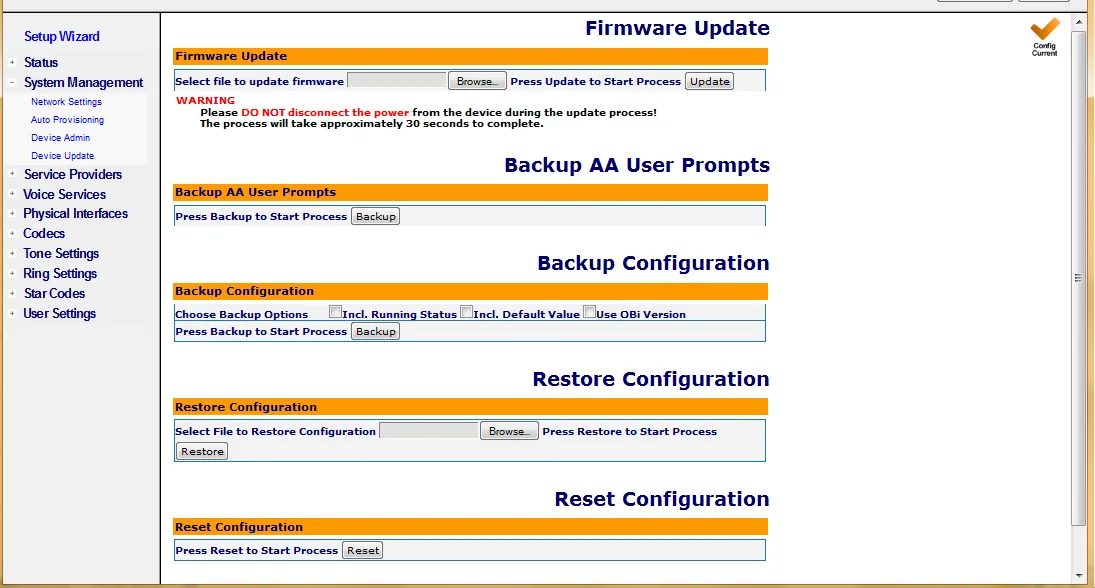 Страница System Management → Device Update в веб-интерфейсе OBi: разделы Firmware Update, Backup AA User Prompts, Backup Configuration, Restore Configuration и Reset Configuration с кнопкой Reset