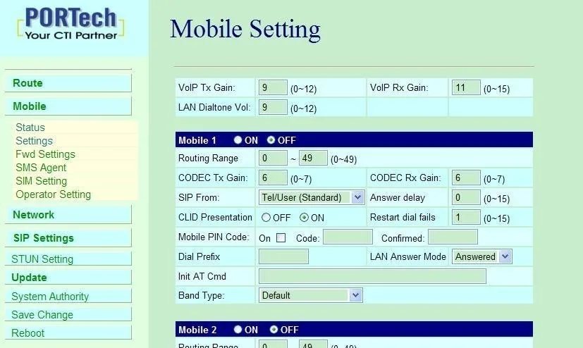 Страница Mobile Setting шлюза Portech: общие VoIP Tx/Rx Gain и LAN Dialtone Vol, блок Mobile 1 с переключателем ON/OFF, Routing Range 0~49, SIP From = Tel/User (Standard), CLID Presentation, Mobile PIN Code, Dial Prefix, LAN Answer Mode, Band Type