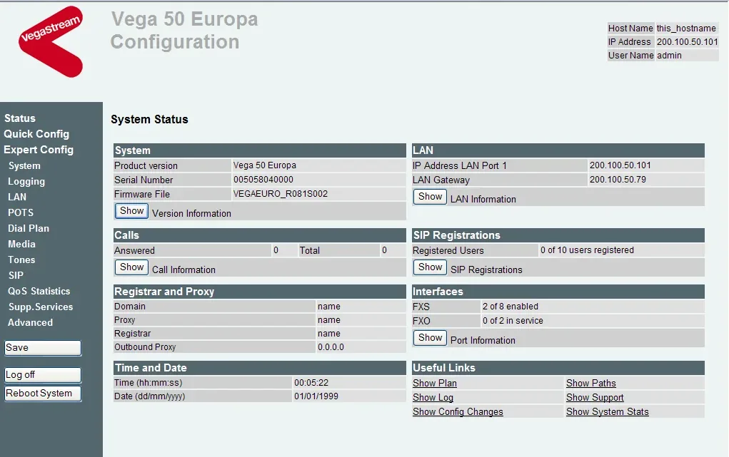 Страница Status веб-интерфейса Vega (прошивка R8.1, Vega 50 Europa): блоки System (Product version, Serial Number, Firmware File), LAN, Calls, SIP Registrations со строкой Registered Users, Registrar and Proxy, Interfaces; слева меню Status, Quick Config, Expert Config и кнопки Save, Reboot System