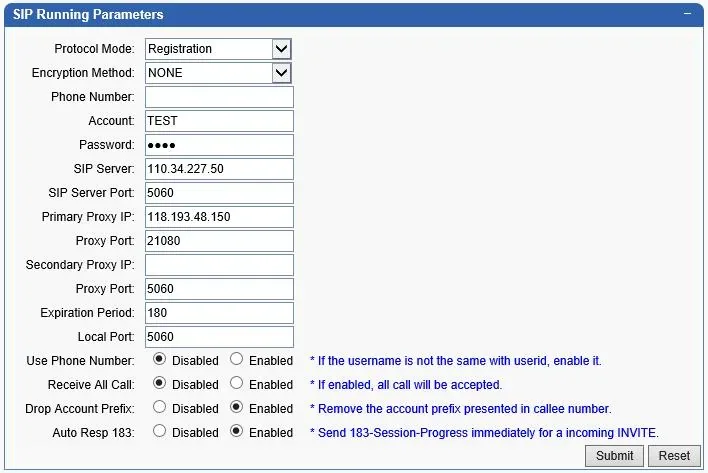 Блок SIP Running Parameters шлюза Skyline: Protocol Mode = Registration, Encryption Method = NONE, Phone Number, Account, Password, SIP Server, SIP Server Port 5060, Primary Proxy IP и Proxy Port (пример прокси производителя — не копировать), Expiration Period 180, Local Port 5060, Use Phone Number, Receive All Call, Drop Account Prefix, Auto Resp 183