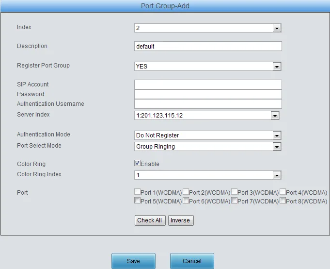 Окно Port Group-Add шлюза Synway SMG4000: Description, Register Port Group = YES, SIP Account, Password, Authentication Username, Server Index, Authentication Mode, Port Select Mode, список портов с кнопками Check All и Inverse