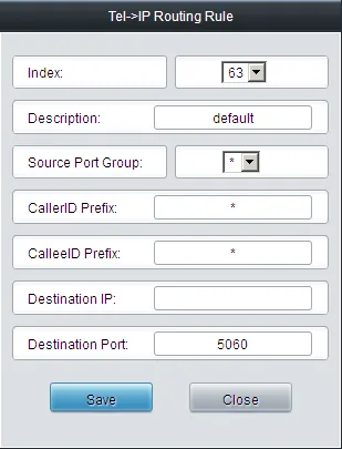 Окно Tel->IP Routing Rule шлюза Synway SMG4000: Index 63, Description, Source Port Group, CallerID Prefix и CalleeID Prefix = *, Destination IP, Destination Port 5060
