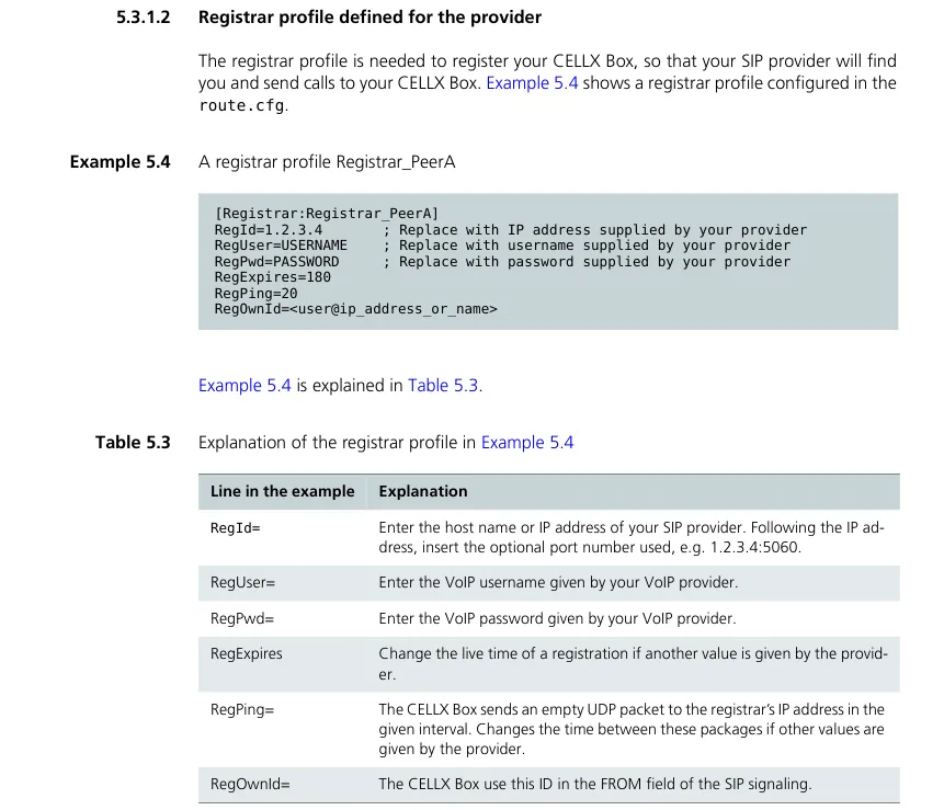 Пример профиля регистрации из мануала CELLX Box: секция Registrar:Registrar_PeerA со строками RegId, RegUser, RegPwd, RegExpires=180, RegPing=20, RegOwnId и таблица 5.3 с объяснением каждой строки