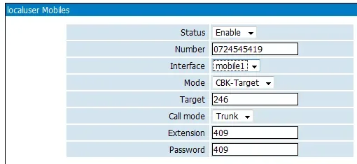 Окно More шлюза Topex MobiLink IP (раздел LOCAL USERS → Mobile Users): поля Status, Number, Interface, Mode, Target, Call mode (Trunk), Extension и Password