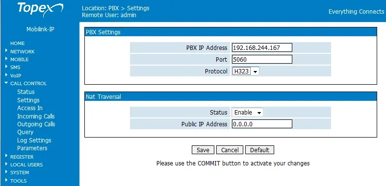 Страница CALL CONTROL → Settings шлюза Topex MobiLink IP: блок PBX Settings с полями PBX IP Address, Port 5060 и Protocol, блок Nat Traversal с полями Status и Public IP Address, кнопки Save, Cancel, Default и напоминание нажать COMMIT