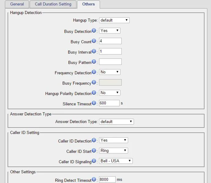 Вкладка Others порта FXO: блок Hangup Detection (Busy Detection, Busy Count 4, Busy Interval, Busy Pattern, Hangup Polarity Detection, Silence Timeout 600 с), Answer Detection Type и Caller ID Setting