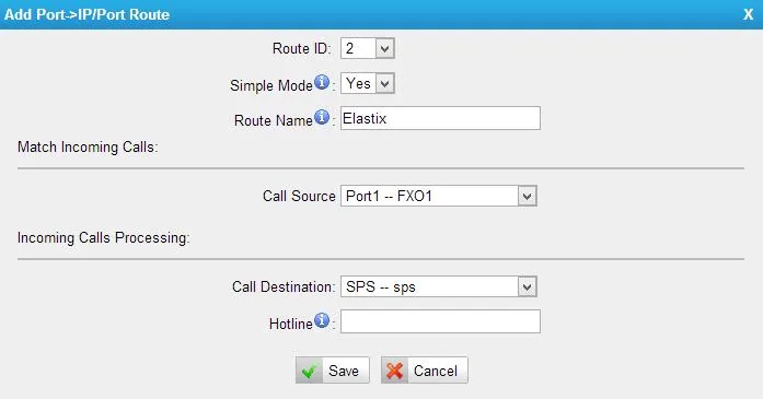 Окно «Add Port->IP/Port Route» в режиме Simple Mode: Route ID, Route Name, Call Source (Port1 -- FXO1), Call Destination и поле Hotline