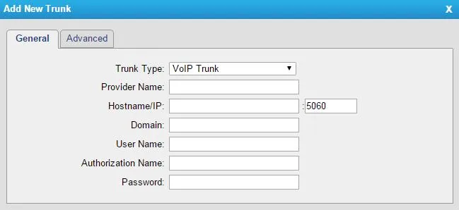 Окно «Add New Trunk», вкладка General: поля Trunk Type, Provider Name, Hostname/IP с портом 5060, Domain, User Name, Authorization Name, Password
