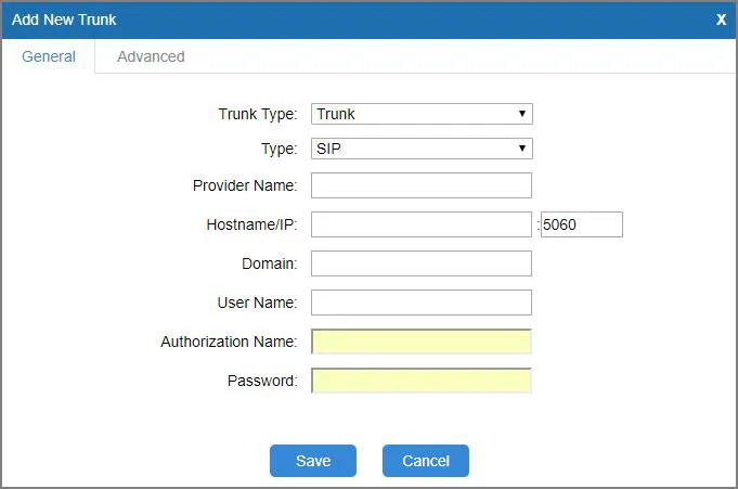 Окно Add New Trunk шлюза Yeastar TG: Trunk Type = Trunk, Type = SIP, Provider Name, Hostname/IP с портом 5060, Domain, User Name, Authorization Name, Password