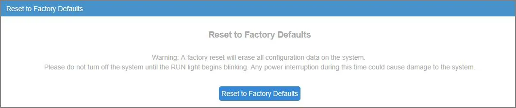 Страница Reset to Factory Defaults шлюза Yeastar TG с предупреждением не выключать питание, пока не замигает RUN