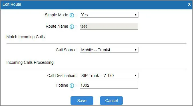 Окно маршрута Mobile to IP шлюза Yeastar TG: Simple Mode = Yes, Route Name, Call Source = мобильный транк, Call Destination = SIP-транк, Hotline
