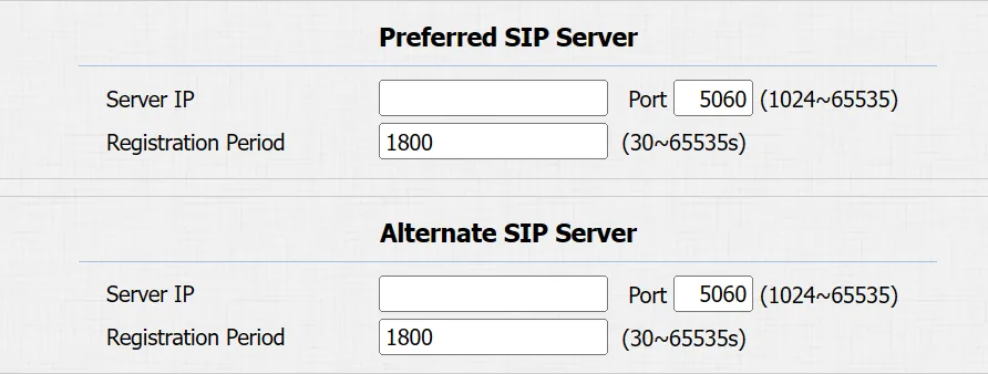 Блок SIP Server в веб-интерфейсе Akuvox: Server IP, Port, Registration Period