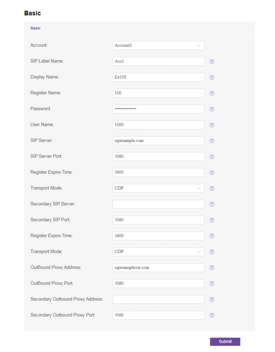 Страница Accounts → Basic в веб-интерфейсе телефона