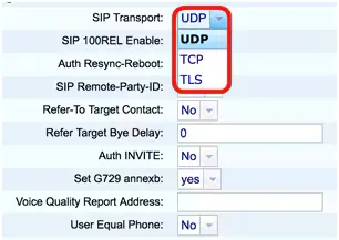 Выпадающий список SIP Transport со значениями UDP, TCP, TLS