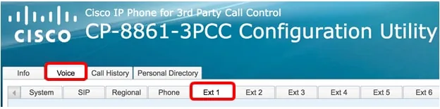 Вкладка Voice и подвкладка Ext 1 в веб-интерфейсе Cisco